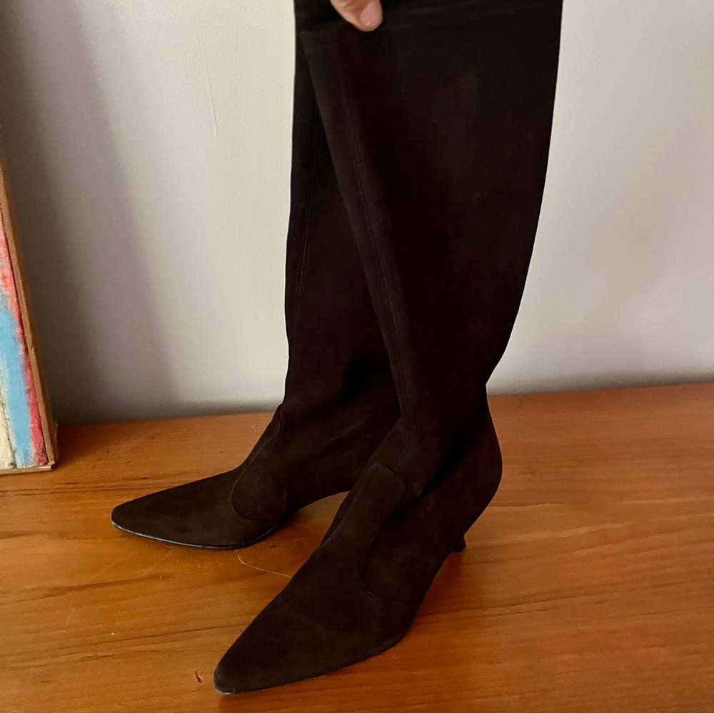 Stuart Weitzman Straightaway Chocolate Brown Stretch Suede Kitten Heels Boots